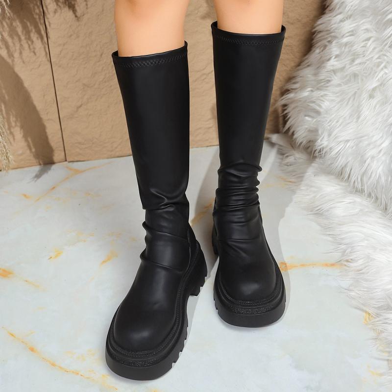 High Knee Heel Boots - セクシーな黒の厚底ニーハイブーツ レディース 2026年冬 快適プラットフォーム 厚底ヒール 伸縮性ロングライディングブーツ