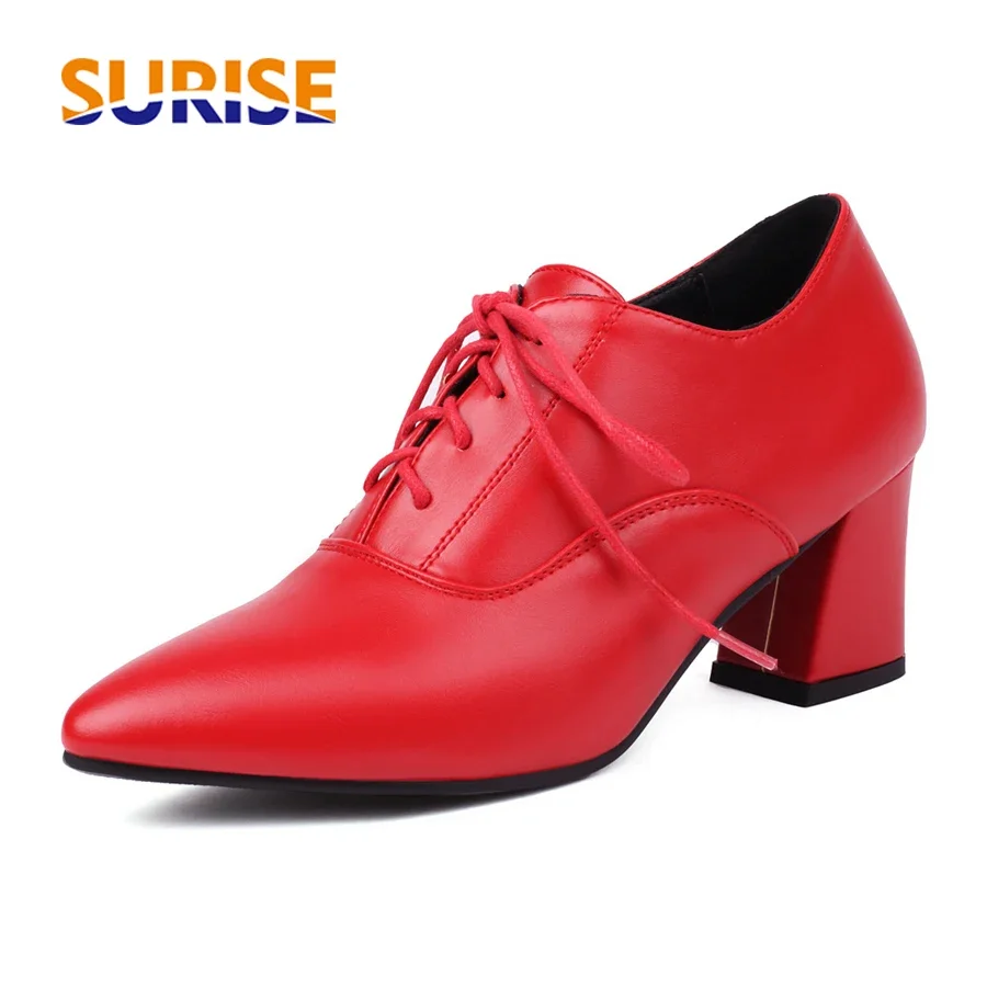 Oxford Lace Up Women - 赤い英国製レディースオックスフォードシューズ、カーキ、黒、茶色のハイチャンキーヒールパンプス、ドレス、オフィスレディー、ヴィンテージ、春、レースアップ、ポインテッドトゥ、ブローグシューズ