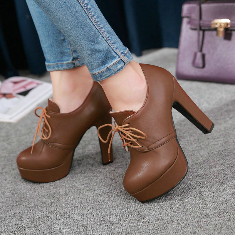 Oxford Lace Up Women - ラウンドトゥ ブラウン ブラック グレー レースアップ ブロックヒール