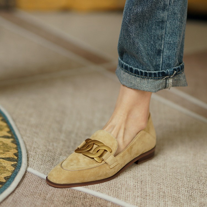 Women Shoes Casual - 女性用スエードレザーモカシン,ラウンドトゥのローヒールシューズ,バックル付き,春と秋用
