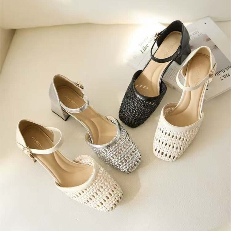 Women Shoes Brands - 女性用ファッション織り込み中空チャンキーヒールサンダル、快適なラウンドトゥバックル、夏用ヒール、エレガントなオフィスブランドフォーマルシューズパンプス