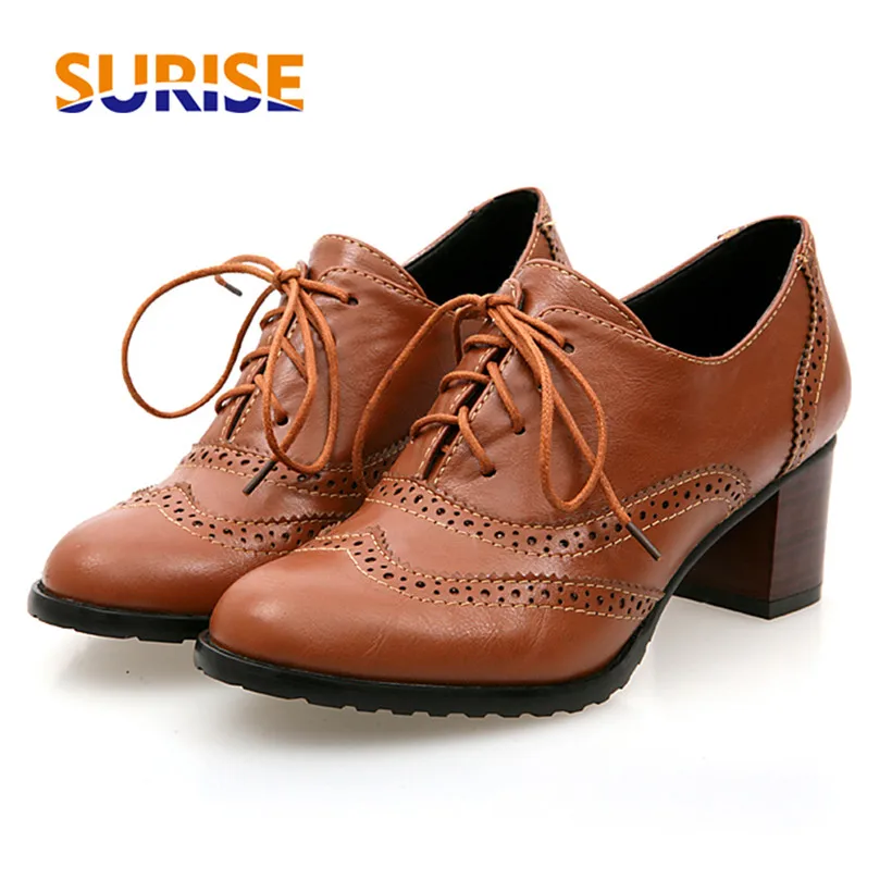 Oxford Lace Up Women - Oxfords-女性用ハイブロックヒール、ブラウンレザー、ラウンドトゥ、デザイナーブログ、ドレスシューズ、オフィスレディース、レースアップ、ヴィンテージ、英国女性
