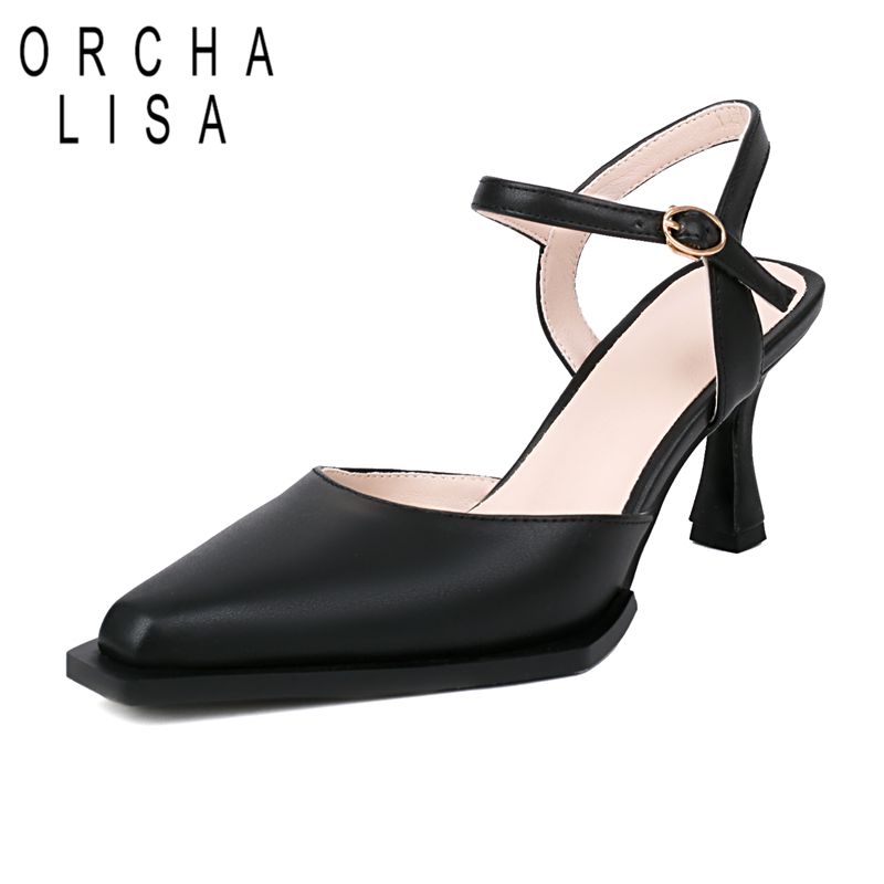 Women Shoes Brands - ORCHA リサ真新しい女性サンダルスクエアトゥ薄いかかと 8 センチメートルバックルストラップ大サイズ 41 42