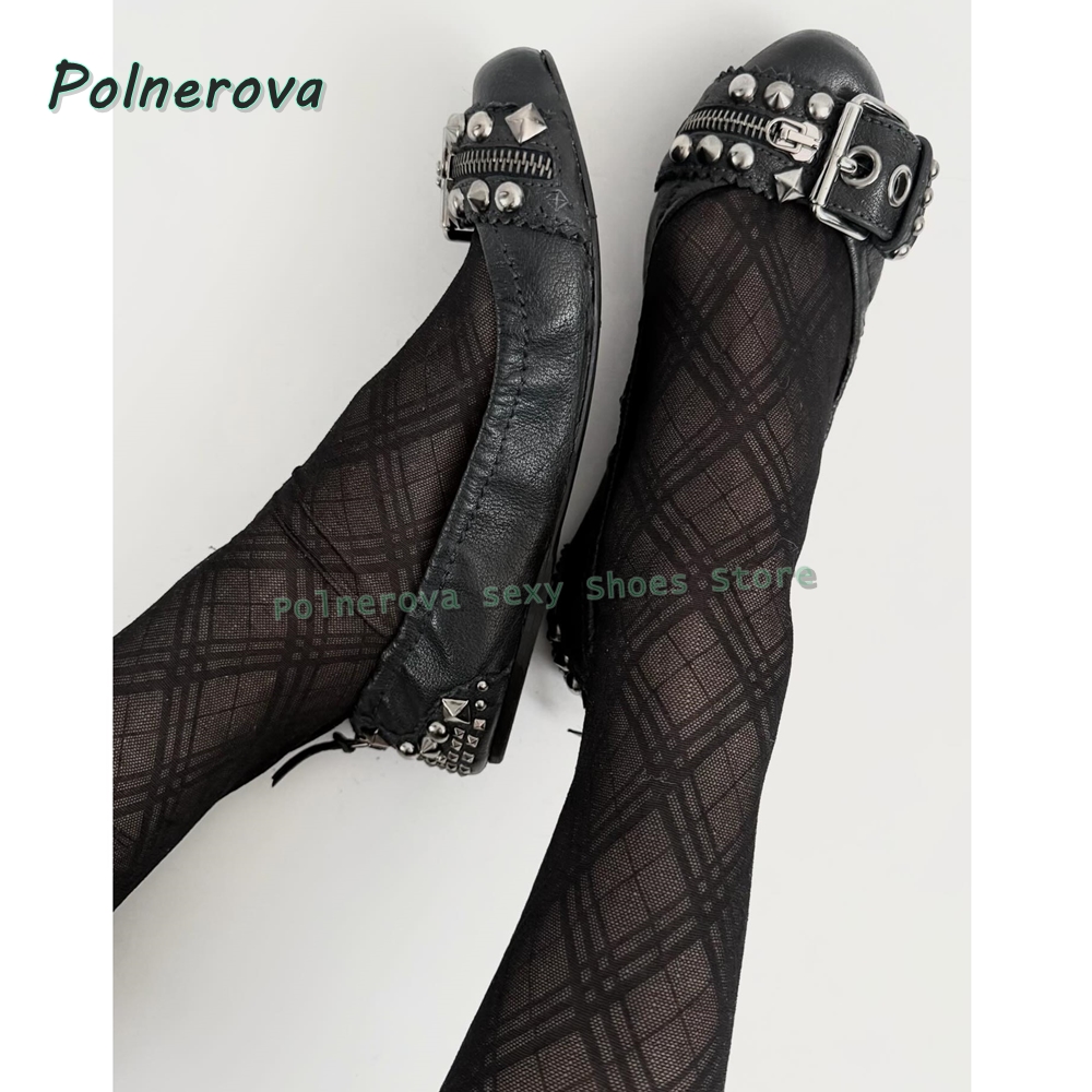 Women'S Shoes For Flat Feet - リベットベルトバックル付きメリージェーンシューズ、ポインテッドトゥ、浅いジッパー装飾、レディースファッションパンプス、2026年春夏シューズ