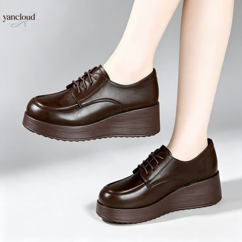 Oxford Lace Up Women - 6cmの快適な深めの履き口、柔らかな革製の靴、プラットフォームパンプス、2026年秋冬レディースオックスフォードウェッジシューズ、オフィスやカジュアルウェアに最適なママ向けシューズ