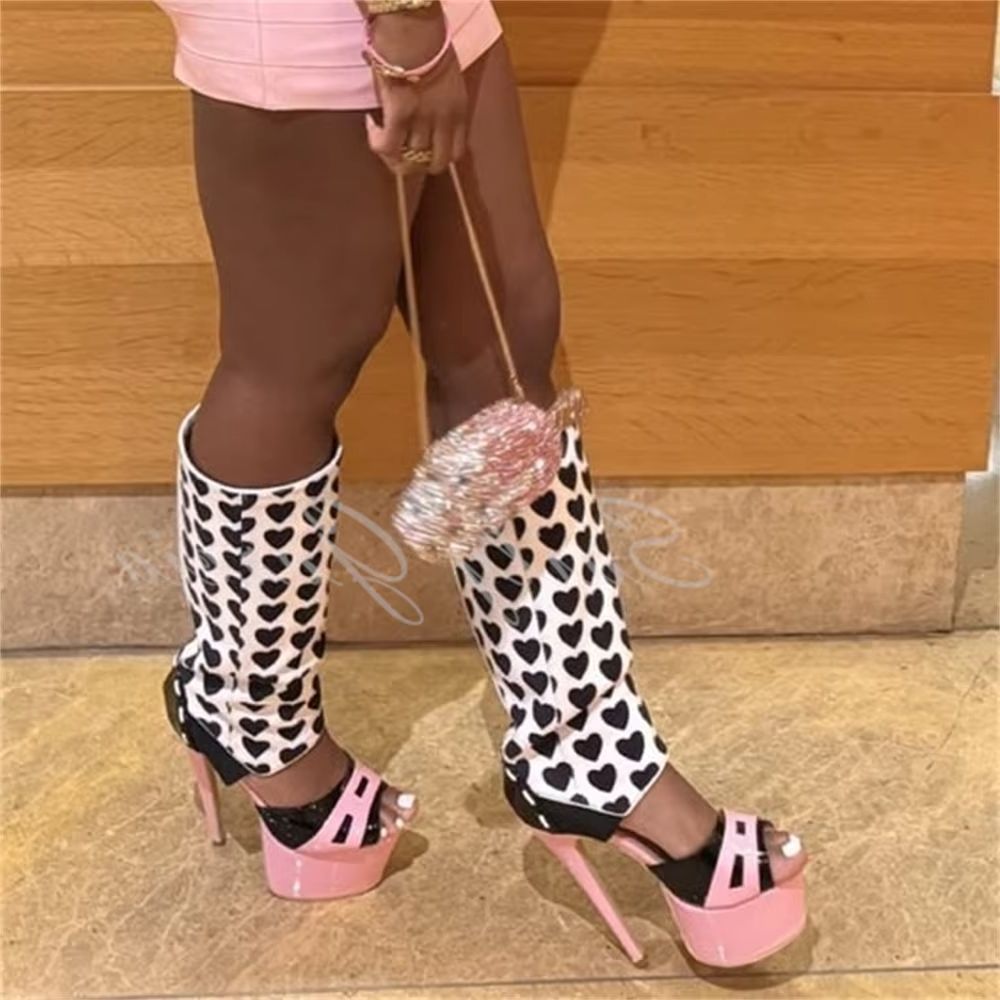 High Knee Heel Boots - ガールピンクハートデコレーションニーハイブーツセクシーラウンドトゥプラットフォームスティレットヒールサマー新作トレンドメタルヒールレディースエレガントサンダル