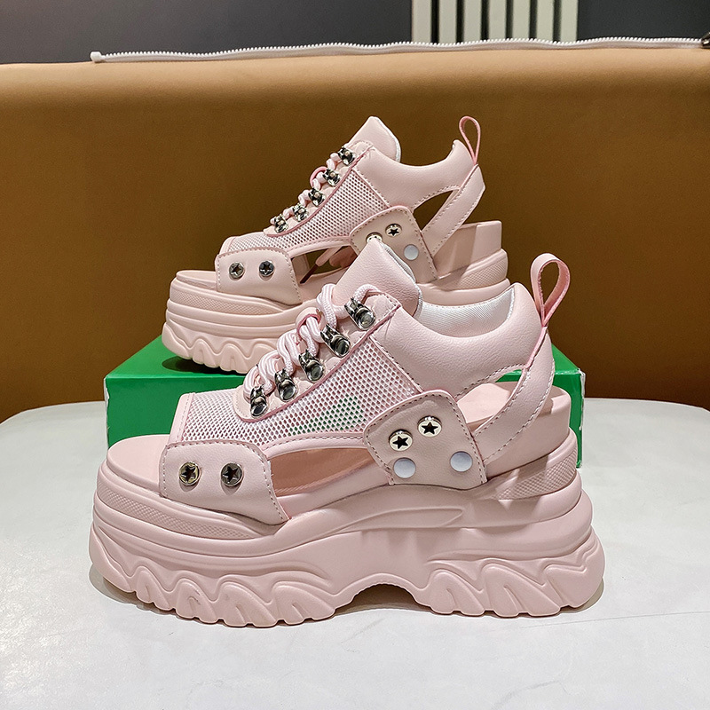 Women'S Shoes Hike - 通気性メッシュフラットプラットフォームスポーツハイキングスニーカー女性夏中空ウェッジレースアップグラディエーターサンダル女性厚底靴