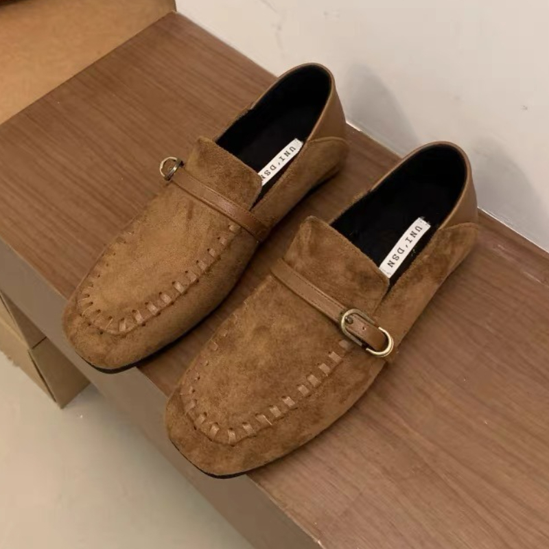 Women Shoes Brands - エレガントなスエードスクエアトゥフラットシューズ女性ベルトバックルコンフォートカジュアルシューズ秋の靴女性ヒョウレトロローファー女性