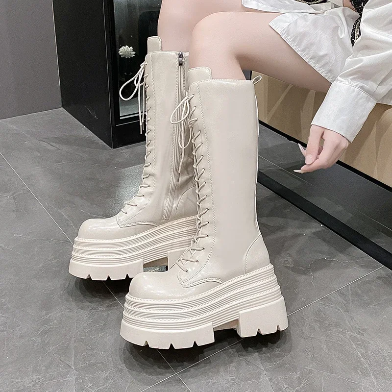 High Knee Heel Boots - 10 センチメートル新女性のローマロングブーツ秋冬ニーハイレザーパンクシューズ分厚いプラットフォームカジュアル騎士ブーツ Bota Ş Mujer