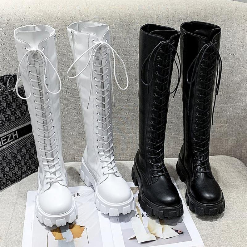 High Knee Heel Boots - 女性用ニーハイブーツ、レースアップコンバットブーツ、プラットフォームラグソール、ラウンドトゥ、サイドジッパー、トール丈、冬用ストリートウェアフットウェア、黒と白