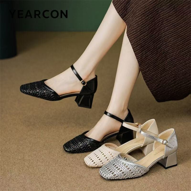 女性用ファッション織り込み中空チャンキーヒールサンダル、快適 - Women Shoes Brands のレビューと価格