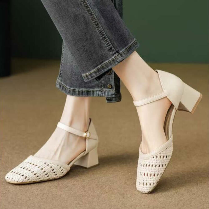 女性用ファッション織り込み中空チャンキーヒールサンダル、快適 - Women Shoes Brands のレビューと価格