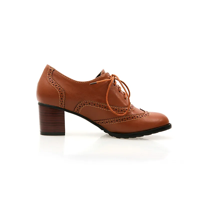 Oxfords-女性用ハイブロックヒール、ブラウンレザー、ラ - Oxford Lace Up Women のレビューと価格