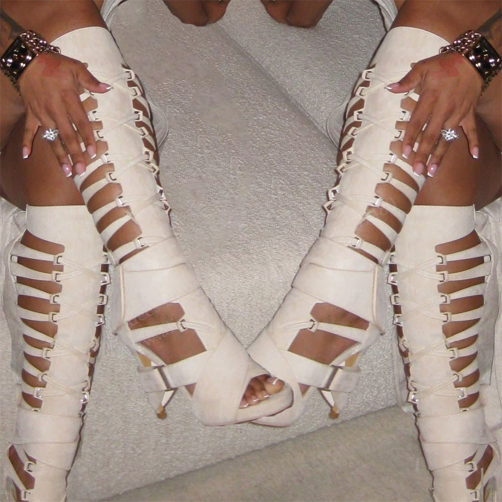 グラディエーター ホローベルトバックル ニーハイブーツ 20 - High Knee Heel Boots のレビューと価格