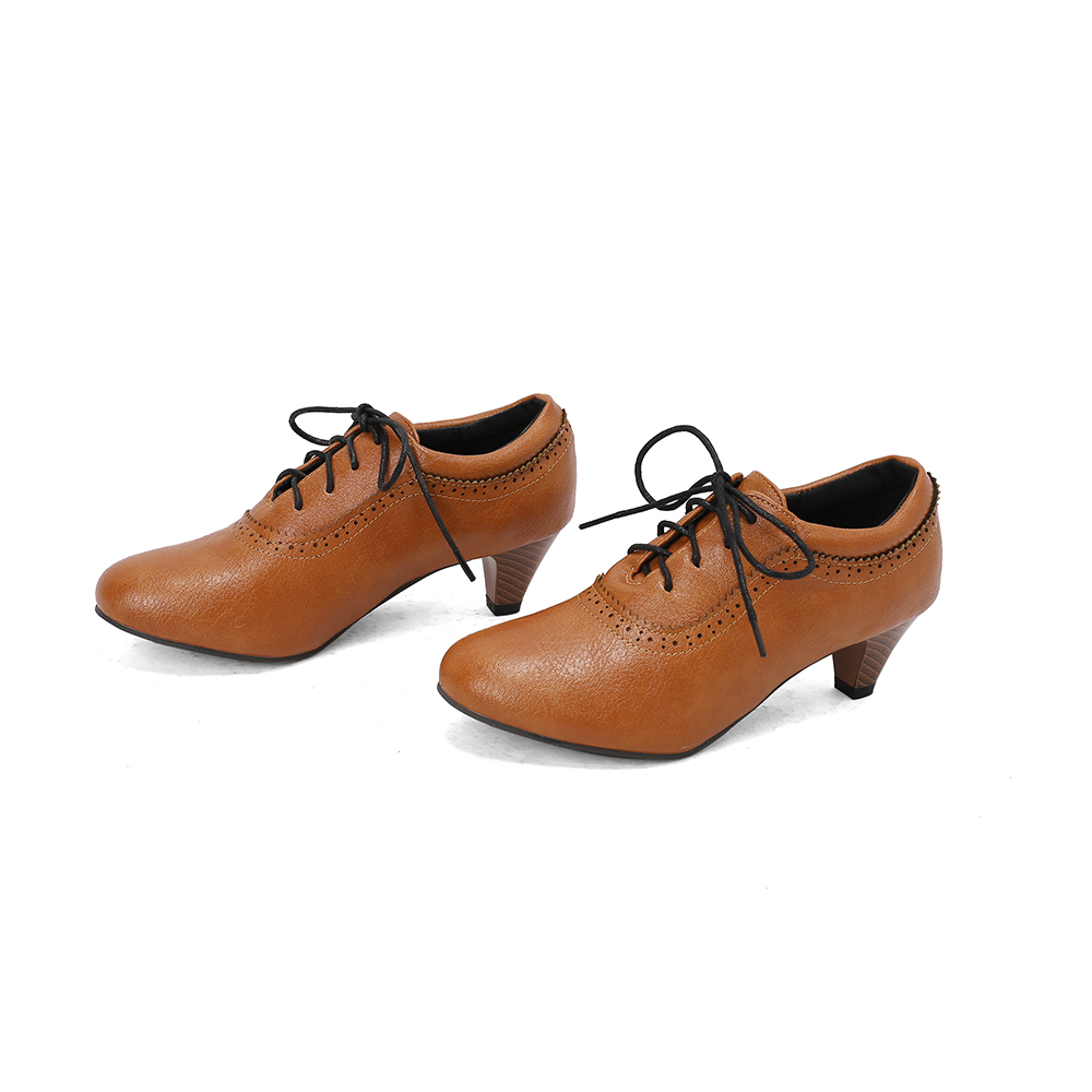   通気性のあるブラウンイエローのレディースパンプス、ファッ - Oxford Lace Up Women のレビューと価格
