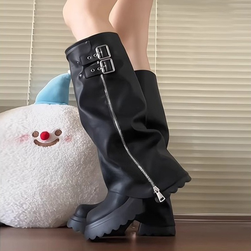 パンクスタイルスプライシング厚底女性ニーハイブーツファッショ - High Knee Heel Boots のレビューと価格