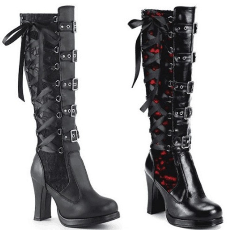 パンクゴシックスタイルの女性のニーハイブーツレディースオート - High Knee Heel Boots のレビューと価格