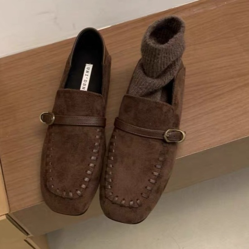 エレガントなスエードスクエアトゥフラットシューズ女性ベルトバ - Women Shoes Brands のレビューと価格