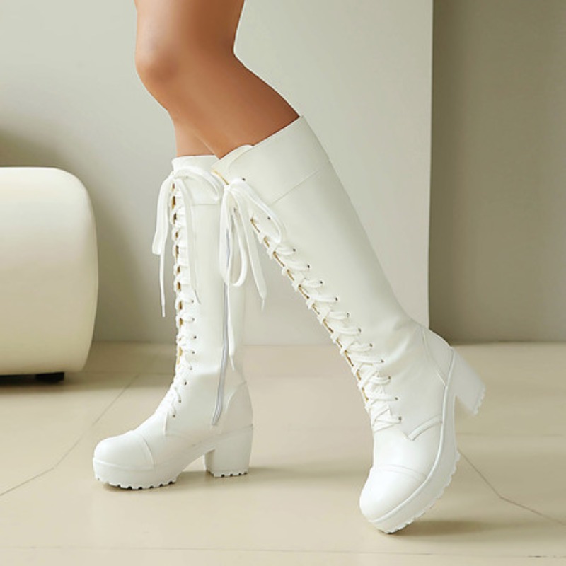 レディース ニーハイ レースアップ コンバットブーツ チャン - High Knee Heel Boots のレビューと価格
